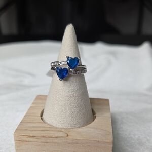 Sapphire Blue Double Hearts Fashion Ring Silver Tone Band Elegant Rhinestone